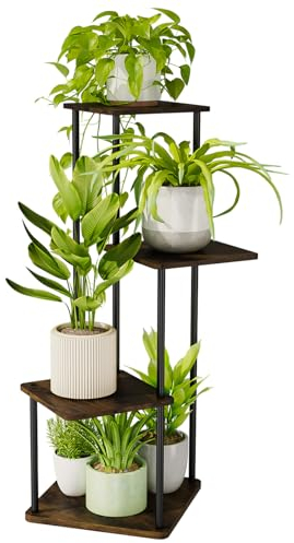 Bamworld Pflanzenständer Blumenständer Metall Schwarz Pflanzenregal Indoor Outdoor mit 4 Etagen Eck Blumenständer für Terrasse, Garten, Balkon, Wohnzimmer, Schlafzimmer (Braun)