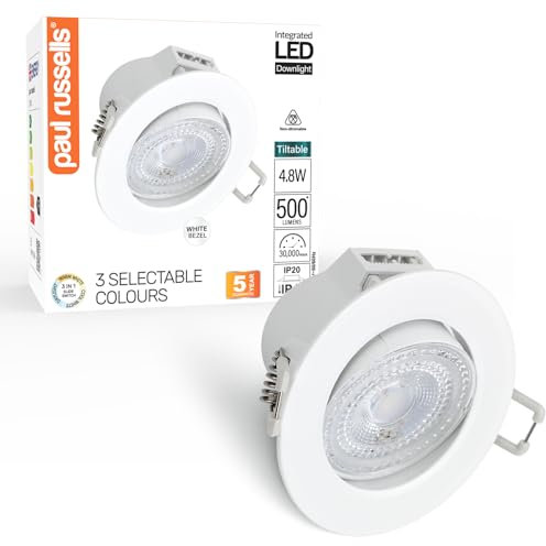 paul russells LED Recessed Tilt Downlight, 4.8W 500LM, Warm/Cool/Day White 3 Adjustable CCT, IP44, Round (Not Dimmable) Spotlight for Kitchen, Living & Bathroom Ceiling Lights, 1 Pack (White)