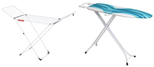 Vileda Extra X-Legs Clothes Airer, Indoor Clothes Drying Rack with 20m Washing Line, White & Mabel Home Adjustable Height, Deluxe, 4-Leg, Ironing Board, Extra Cover, Blue/White Patterned