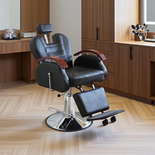 TRIOBLADE Salon Barber Chair Classic Hydraulic Salon Chair Reclining with Headrest & Footrest Height Adjustable Swivel Haircut Cha ir PU Leather