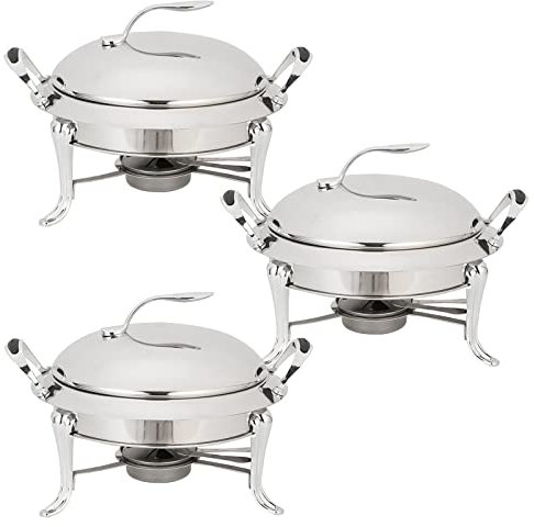 Chafing Dish Set Full Size Stainless Steel Round Buffet Server Gold 3 Pack – Catering Wedding Dinner Food Warmer with Pans, Lid, and Fuel Holders