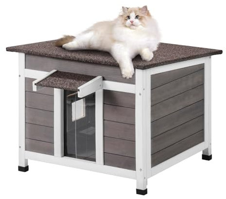 VEVOR Outdoor Cat House Weatherproof, Feral Cat Shelter for Multiple Cats, Outdoor Wooden Cat Rabbit House with a Window, Open Roof and PVC Door Flaps, 24L x 21W x 18H