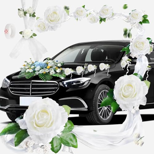 ASelected Autoschmuck Hochzeit Deko, 2 x 1.6 m Lange Hochzeitsauto Dekorationsset, Blumenschmuck Auto Hochzeit mit 9 Rosen für Hochzeit Party