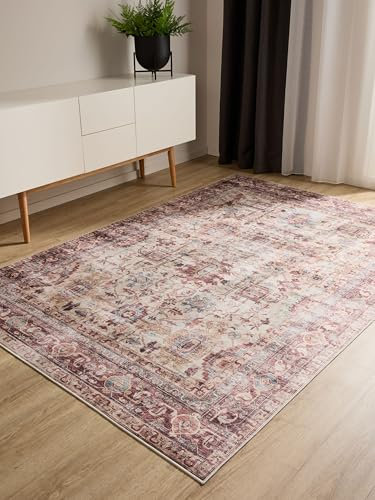 benuta Basic Waschbarer Teppich George - Multicolor/Pink 120x170 cm - Kunstfaser - Rechteckig & im Style: Vintage, Elegant, Retro - Pflegeleicht für Wohnzimmer Schlafzimmer