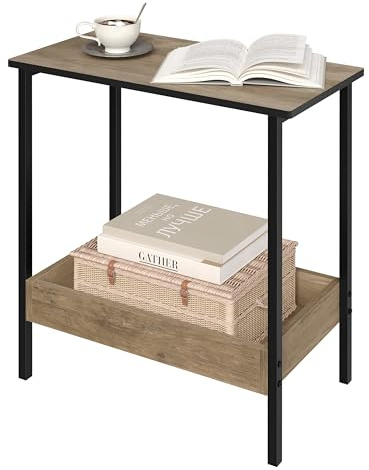 WOLTU Beistelltisch,Couchtisch mit 2 Ablagen, Konsolentisch mit Stauraum | Metall,Schwarz Graue Holzoptik,einfache montage,bis 20 kg,für Kaffee und Laptop,für Wohnzimmer,Schlafzimmer ,Büro