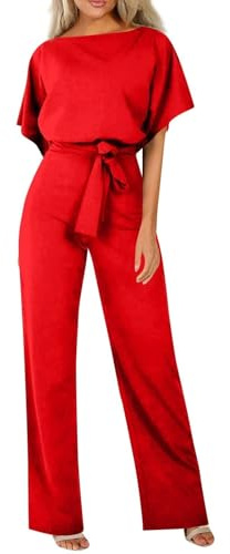 HOOUDO Jumpsuits for Women UK Elegant Summer Short Sleeve Playsuits Ladies Plain Casual Wide Leg Pant Belted Romper Formal Wedding Overalls Baggy One Piece Outfits Dungarees
