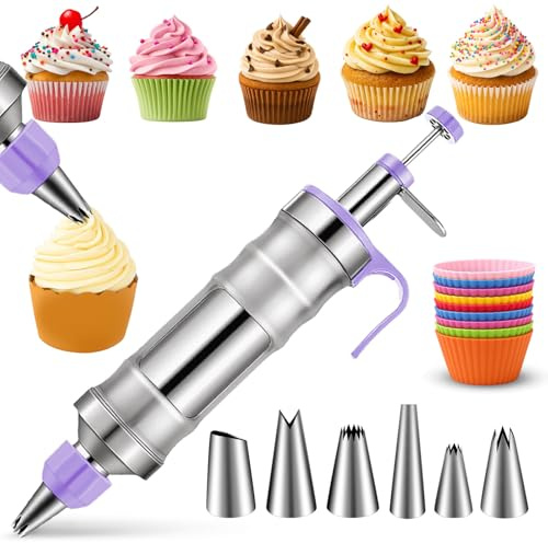 Novano Dessert Decorating Syringe Set, Frosting Piping Kit Stainless Steels Cake Decorating Kit with 6 Piping Tips & 9 silicone cupcakes, Cupcake Decorating Kit Piping Bags and Tips Set