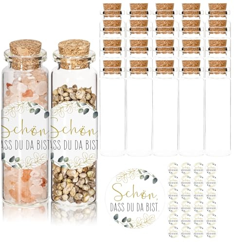 SUPECHUNYI Gastgeschenke Hochzeit 20 x 15ml Kleine Glasflaschen mit Korken und 20 Aufkleber Schön, dass du da bist Reagenzglas für Hochzeiten Ideal für Blumensamen Gewürze Konfetti Tischdeko