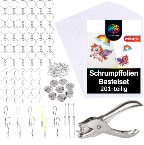 OfficeTree Schrumpffolien Set - 201 teilig - Schrumpffolie zum basteln inkl. Download-Vorlagen - Schrumpffolie Set Schlüsselanhänger Handabdruck oder Schmuck - Shrink Plastic Sheets