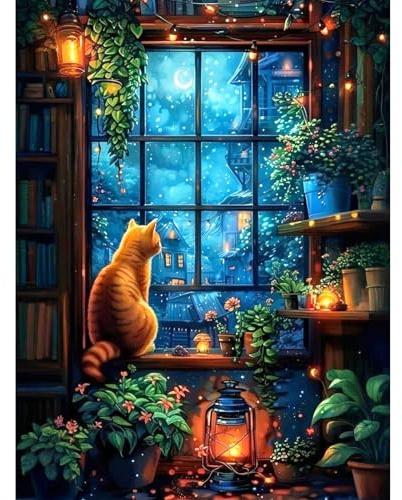 Camocin Art Diamond Painting Erwachsene, Katze am Fenster, 30x40 cm | Diamond Painting Bilder, DIY Bastelset, 5D Diamanten, Wanddeko, Geschenkidee, komplett mit Zubehör