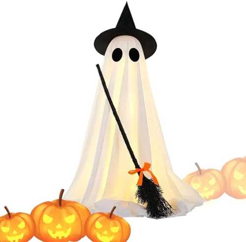 Qizeroty Halloween Deko Outdoor Geist, 145cm Leuchtende Stehender Geists Mit Hexenhut, Halloween Deko Outdoor Leuchtende Geist Mit Hexenbesen, Für Party Garten Spukhäuse Dekos
