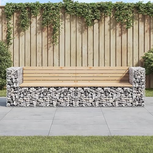 Frdhee Outdoor Park Bench, Garden Bench Made of Gabions, 244 x 71 x 65.5 cm, Solid Pine Wood for Balcony and Garden