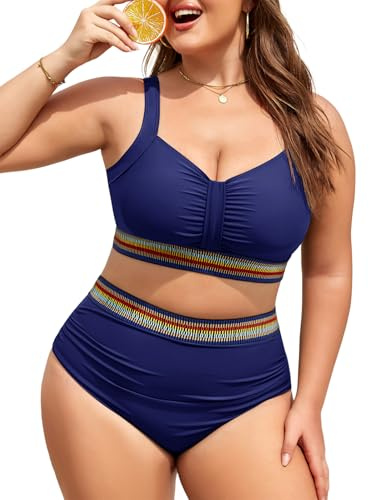 FemiChic Damen Bikini Set Große Größen Twist-Kreuz Push Up Oberteil High Waist Hose Bauchweg Deckend mit Verstellbare Träger Bademode für Curvy Strandmode