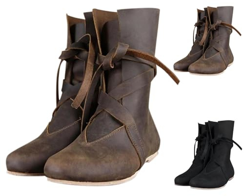 Generisch Zapatos medievales para hombre y mujer, estilo retro, con cordones, punk, botas de caballero, de piel sintética, redondas, suaves, cómodas, botas de vaquero, informales, para disfraz de