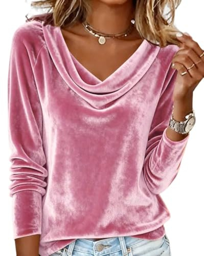 Minetom Haut À Manches Longues en Velours pour Femmes Sexy Col Bénitier Tops T-Shirt Chemisier Élégant Pullover Blouse Mode Décontracté