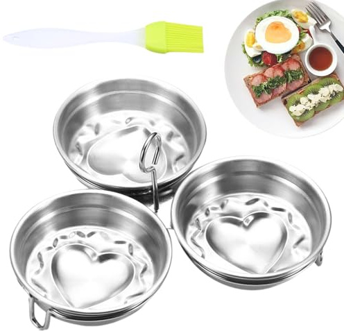 Tazze Per Uova In Camicia - Set Di Pentole Per Uova In Acciaio Inossidabile, Griglia Antiaderente | Stampo A Forma Di Cuore, Spazzola In Silicone Inclusa, Prodotto Versatile E Durevole, Ideale Per Fri