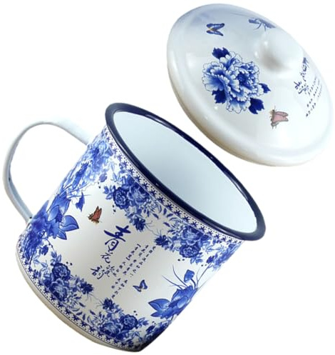 BIUDECO Tasse Rétro en Émail 500ml Couvercle, Mug Isotherme Café de Style Simple, Finition Soignée pour Bureau et Pique-niques