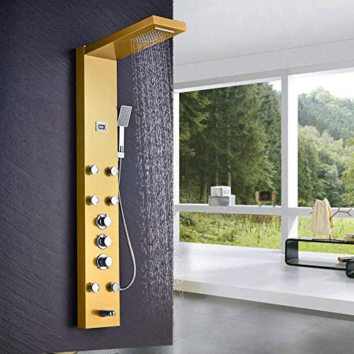 Colonne de Douche thermostatique Cascade, Robinet de Douche de Salle de Bains en Nickel, Panneau de Douche avec Jets de Massage, Bec de Baignoire-Or