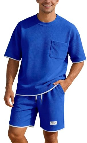 Generisch Husdräkt herr sommar kort tvådelad t-shirt och shorts set t-shirt och shorts set andas fritidsdräkt med bröstficka kostym, Blå, S