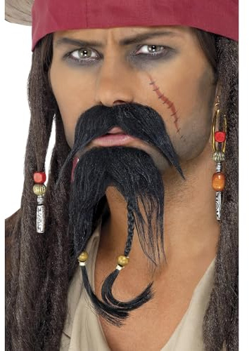 Smiffys Set de pelo facial de pirata, negro, bigote y barba Halloween, Carnaval