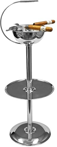 Stinky Cigar Silver Floor Standing Cigar Ashtray with Windproof Design, Stainless Steel Ashtray featuring a Deep Bowl with 4 Stirrups and 12 Accessory Tray - Stylish Indoor & Outdoor Smoking Solution