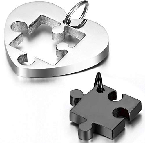 JewelryWe Schmuck 2 Freundschaftsketten Einfache Herz Puzzle Edelstahl Partner-Anhänger mit 45cm und 54cm Kette, Halskette für Damen & Herren, Gold Schwarz Blau Silber