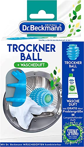 Dr. Beckmann Trocknerball | Für frische und kuschelig-weiche Wäsche | Mit Wäscheduft befüllbar | Verkürzt die Trockenzeit | inkl. Gratis-Probe Spring | 50 ml