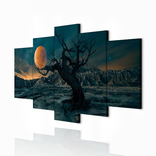 decomonkey Wandbilder Landschaft 200x100 cm 5 Teilig Leinwandbilder Begre | Bild auf Leinwand, Kunstdruck, Wanddeko, Wohnzimmer, Wanddekoration, Baum, Mond