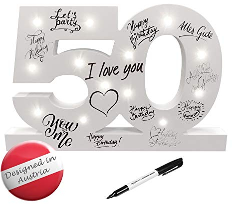 CREOFANT ® XL Gästebuch 50 Geburtstag Deko mit LED Beleuchtung 37 cm x 24 cm · Tischdeko Geschenkidee 50. Geburtstagsgeschenk batteriebetrieben inkl. Stift schwarz