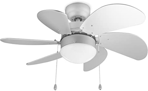 Tristar VE-5810 Ventilador de techo de 76 cm de diámetro con iluminación (una bombilla E27), 6 aspas, con cadena para encendido, 3 ajustes de velocidad, 33 cm de alto, 45.2 dB, 50 W