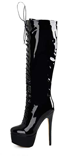 Richealnana Women's Platform Lace Up Dress Zipper Round Closed Toe Sky High Heels Knee High Boots Stiletto Heel Long Boots Faux Patent Leather Black Size 9.5