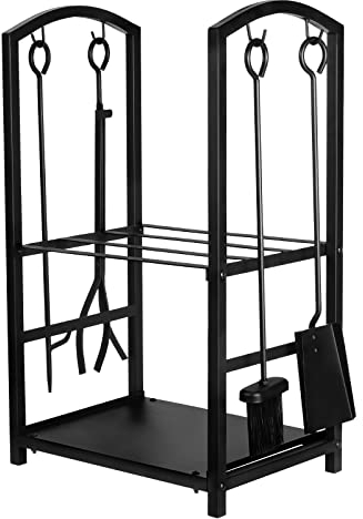 GASPRO Estante de leña para interiores, 5 herramientas de hierro forjado y soporte para leña para chimenea, estufa de leña, chimenea, hoguera, resistente y fácil de montar