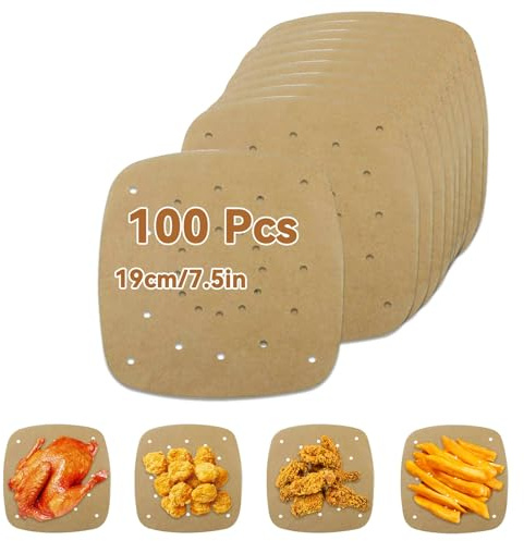 100 feuilles de papier parchemin, papier sulfurisé carré papiers parchemin perforées antiadhésive pour friteuse à air, papiers sulfurisé antiadhésif pour friteuse à air,19cm