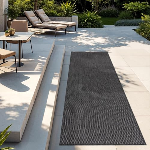 TT Home Teppich Für Outdoor Wetterfest Küchenteppich Balkon Terrasse Unifarbenes Design Modern, Farbe:Anthrazit, Größe:80x250 cm