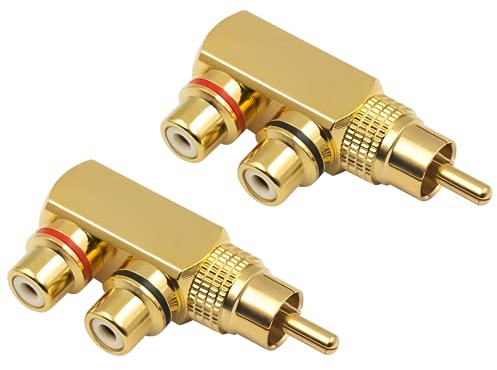 Duttek Adattatore splitter RCA, angolo retto da 90 gradi RCA maschio a 2 RCA femmina AV splitter connettore, placcato oro Jack Audio Video Y Splitter (confezione da 2)
