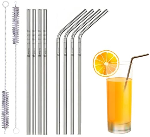 Set of 10 Reusable Metal Straws Drinking, 216mm Eco-Friendly Stainless Steel Drinking Straws for Cocktail, Milkshake, Cold/Hot Drinks (4 Straight + 4 Bent + 2 Cleaners) BPA Free