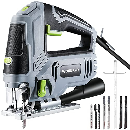 WORKPRO Seghetto Alternativo 850W, 3000 giri/min, Profondità di taglio 100mm, 4 Modalità di Taglio, Angolo regolabile da ±45°, 6 Velocità Regolabili, 7 Lame di Sega, per Legno, Metallo, Plastica