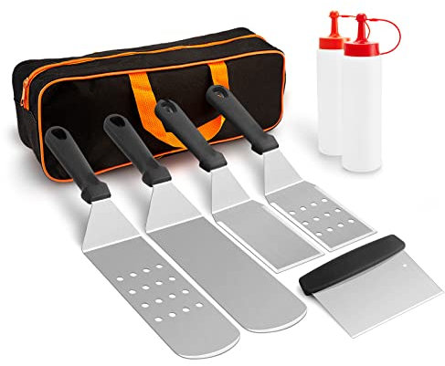 Griddle Accessories Kit of 8, HaSteeL Heavy Duty Metal Spatula Chopper, Professional Stainless Steel Griddle Tools with Storage Bag, Great for Flat Top Teppanyaki Cast Iron BBQ Grilling Indoor Outdoor