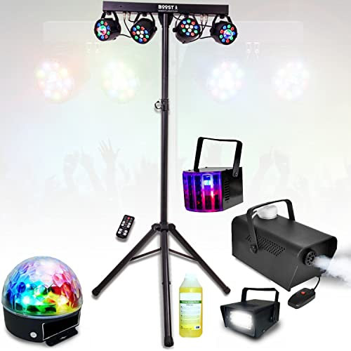Party Light & Sound - Pack Lumière Pied Support 4 Projecteurs Par - Strobo - Derby - Astro - Machine à fumée avec produit - PA DJ Mobile - Soirée Mariage