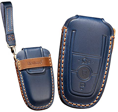 KUNIO Autoschlüssel Schutzhülle Passt für Ford Mondeo Mustang Explorer EcoSport S-Max Ranger Fiesta F150 F250 Leder Schlüsselhülle Schlüsselanhänger Schlüsselcover Etui 3 Tasten Blau