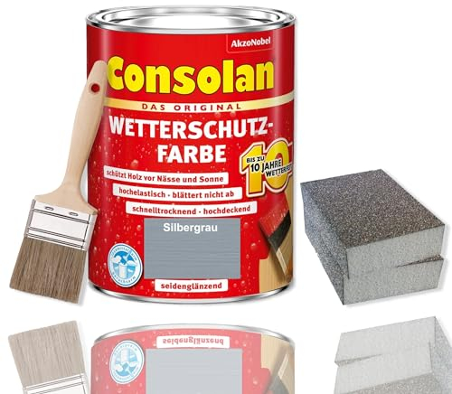 Consolan Wetterschutzfarbe Set 2,5 l Holzfarbe Dauerschutz Deckend mit Zubehör (Silbergrau)
