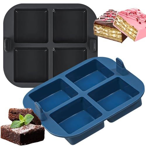 webake Brownie - Molde de silicona para hornear, 2 piezas, 4 cavidades, bandeja para magdalenas para freidora de aire, moldes cuadrados para tartas de brownie