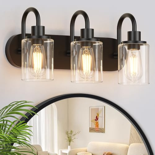 Baocuz 3-Light Bathroom Light Fixtures, Black Vanity Light Farmhouse Wall Sconces with Clear Glass Shade, Modern Bathroom Wall Lamp for Mirror Bedroom Hallway Living Room Cabinet