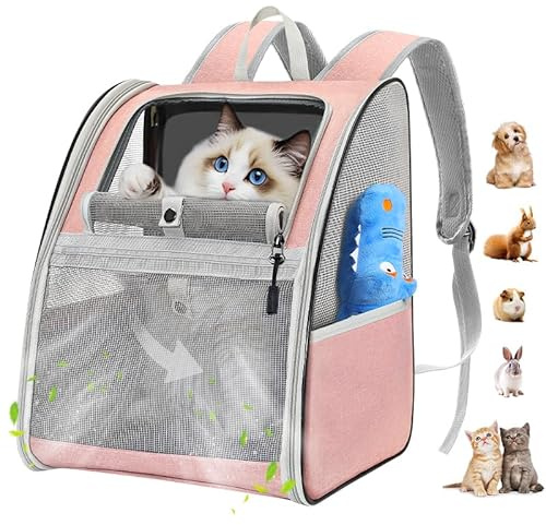 Pawaboo Mochila Portátil para Gatos y Perros, Mochila Transpirable para Mascotas con Cuerda de Seguridad Interior, Bolsa Transporte de Viaje para Gatos y Cachorros para Compras Viaje, Rosa