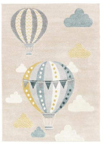 RugVista Balloon Ride Kinderteppich, 100 x 160 cm, Beige/Blau | Moderne, Kinder, Rechteckig, Niedriger Stapel, Nur chemische Reinigung, Oeko-Tex 100, Ohne gefährliche Chemikalien