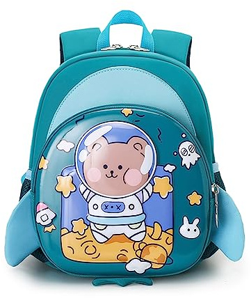 FANDARE Kinderrucksack mit Brustgurt 3D Cartoon Kinder Rucksack mit Leine Mädchen Junge Schulranzen Schultertasche Kindertasche Schulrucksack Kindergarten-Rucksack mit Reflektierender Streifen Grün