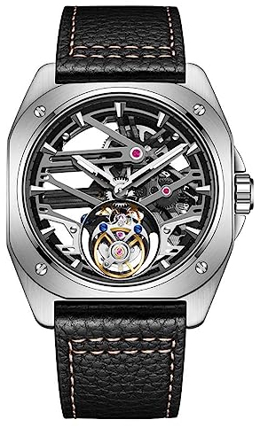 Aesop Mechanische Tourbillon Herrenuhr Skelett Handaufzug Herren Armbanduhren Leuchtender Saphir Wasserdicht Luxuskleid Businessuhr für Herren 7067(Silber-Schwarz)