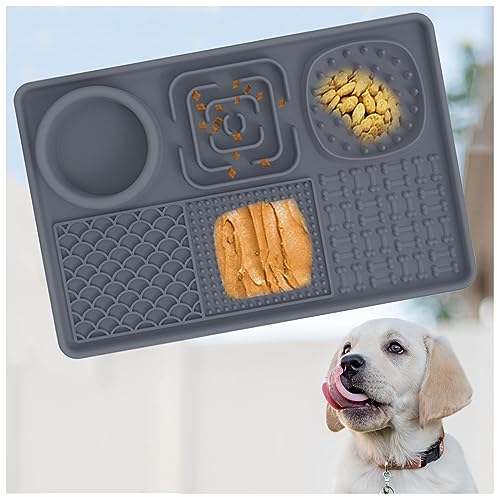 JUNZAI Leckmatte, mit superstarker Saugkraft,BPA-fre,Anti Rutsch, Silikon Schleckmatte Hund Anti Schling Napf Katzen, für Hund für Baden, Trainieren, Fellpflege Krallenpflege,Gray
