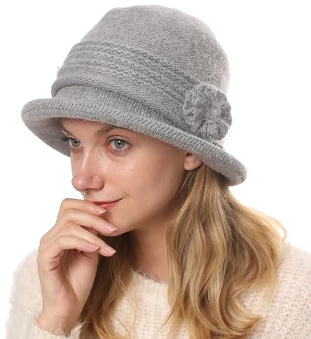 Huakunda Damen Strickmützen Gefüttert Winterhut Warm Vintage Floral Knit Beaniemütze Elegant Frauen Bucket Hüte für 55-60 cm