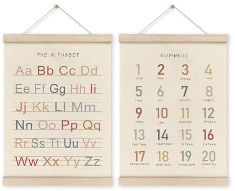HRQKO Alphabet Numbers Poster Hanger Frame Set of 2, Nursery Wall Decor, ABC Banner Poster Wall Art with Wooden Frames, Alphabet Banner Wall Hanging Decor for Toddler Playroom Nursery, 12x16 Inch